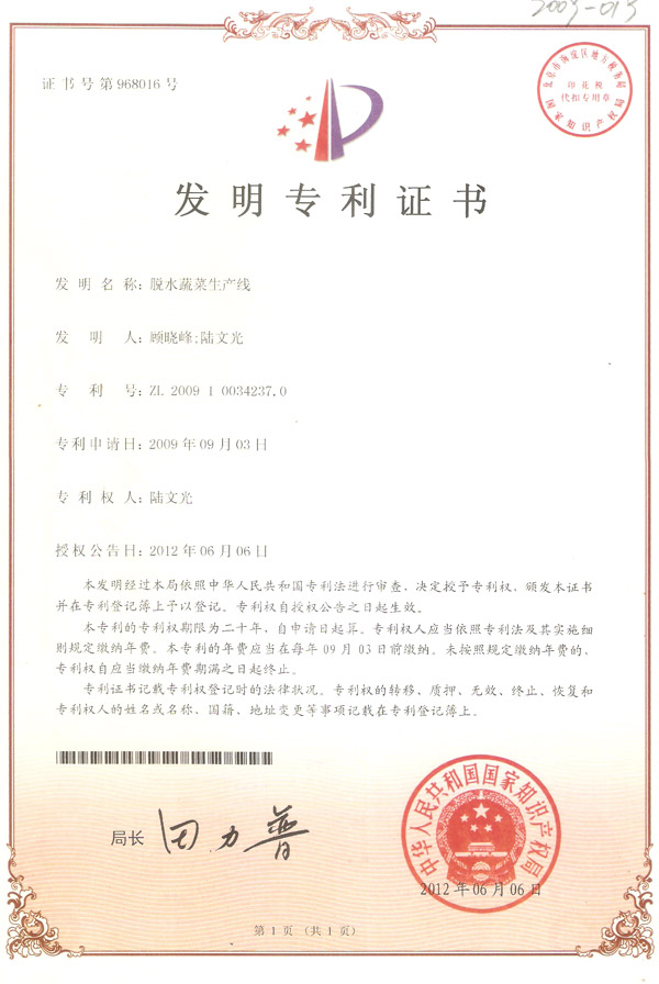 發(fā)明-脫水蔬菜生產(chǎn)線